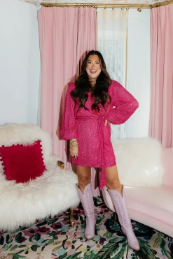 BuddyLove Clothing Label Long Sleeve Dresses | Party Dresses*Adeline Sequin Wrap Dress - Guava