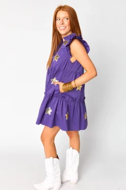 BuddyLove Clothing Label Sleeveless Dresses | Bump Friendly*Aubrey Ruffle Shoulder Short Dress - Gold/Purple