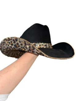 Rhinestone Cowgirl Hats*Black Suede Cowgirl Hat with Brown Leopard Rhinestones