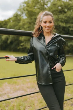 BuddyLove Clothing Label Tops*Brielle Vegan Leather Button Up Top - Black