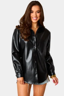 BuddyLove Clothing Label Tops*Brielle Vegan Leather Button Up Top - Black
