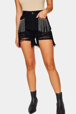 BuddyLove Clothing Label Bottoms*Elvis Crystal Fringe Denim Shorts -