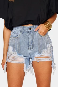 BuddyLove Clothing Label Bottoms*Elvis Crystal Fringe Denim Shorts - Light Wash