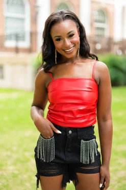 BuddyLove Clothing Label Bottoms*Elvis Crystal Fringe Denim Shorts -