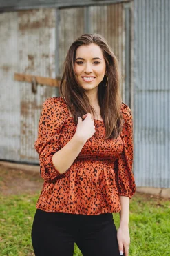 BuddyLove Clothing Label Tops*Gwendolyn Smocked Peplum Top - Cognac