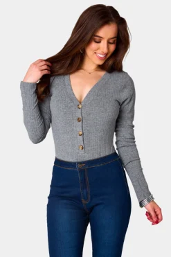 BuddyLove Clothing Label Tops*Holly Long Sleeve Button Up Bodysuit - Grey