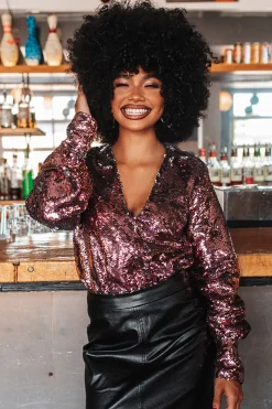 BuddyLove Clothing Label Tops*Jenny Long Sleeve Sequin Bodysuit - Rose