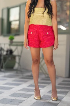BuddyLove Clothing Label Bottoms*Mae Tweed High-Waisted Shorts - Strawberry Ice