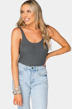 BuddyLove Clothing Label Tops*Sammy Scoop Neck Bodysuit - Charcoal